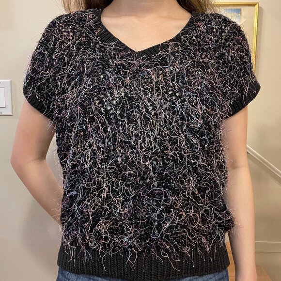 Vintage Handknit Black Rainbow Confetti Crochet Sweater Tee - Picture 6 of 12